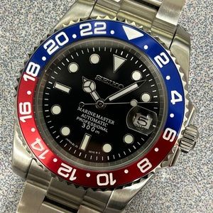 Custom mod watch, Seiko NH35 Automatic movement, "Pepsi" red/blue bezel, lume.